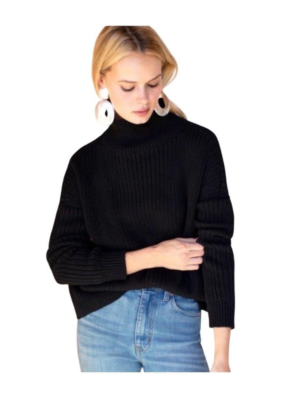Emerson Fry Carolyn Funnel Neck Sweater Gray heavy Ribbed Knit Size M neutral